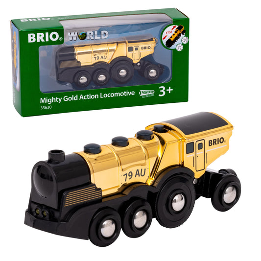 BRIO World 33630 Locomotivă cu baterii aurie cu lumină și sunet cu funcție de decuplare pentru utilizare ca locomotivă de împins recomandată de la 3 ani