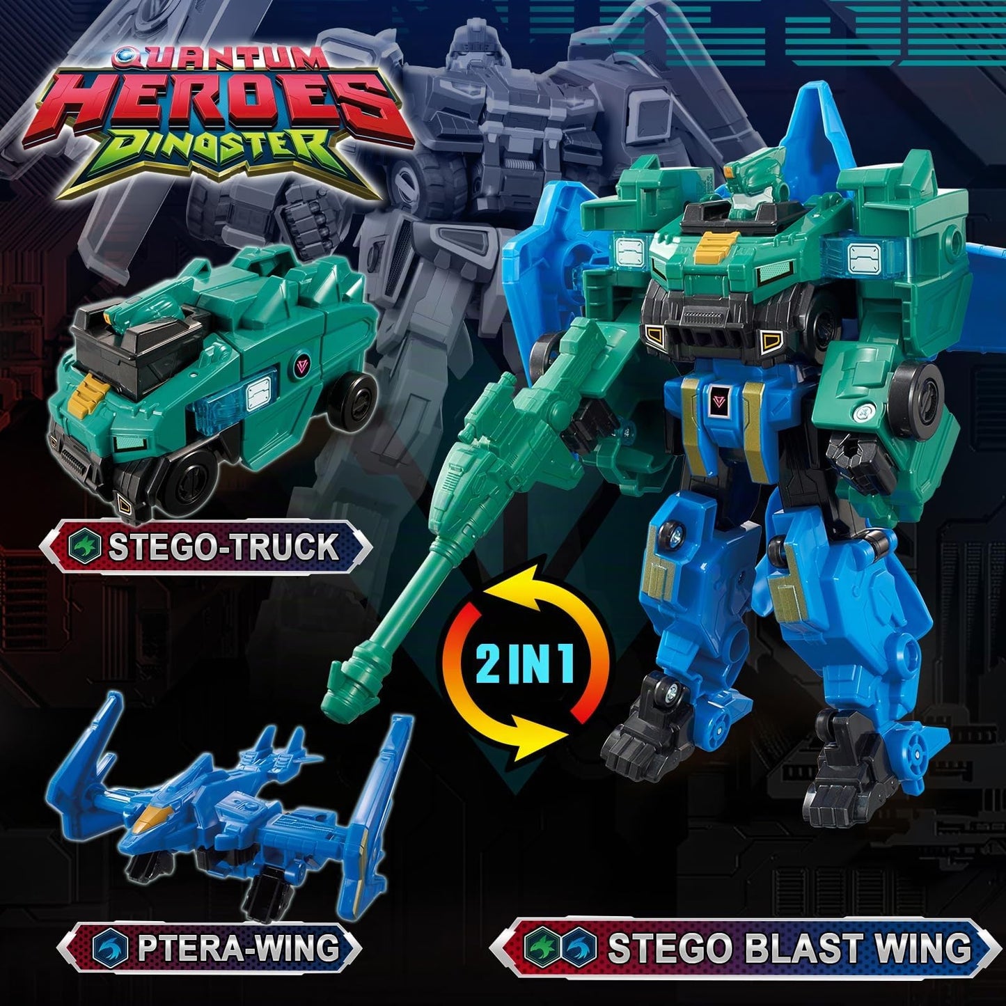 QUANTUM HEROES DINOSTER Stego Blast Wing Robot Transformabil 2 în 1 Jucărie Robotică pentru Copii 5+ ani (gri)