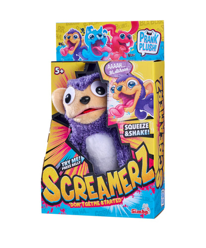 Simba 105953333 ScreamerZ Affe „Monkey Madness“ cu sunete - jucărie amuzantă cu efecte sonore - pluș pentru copii de la 5 ani, aprox. 30 cm, mov