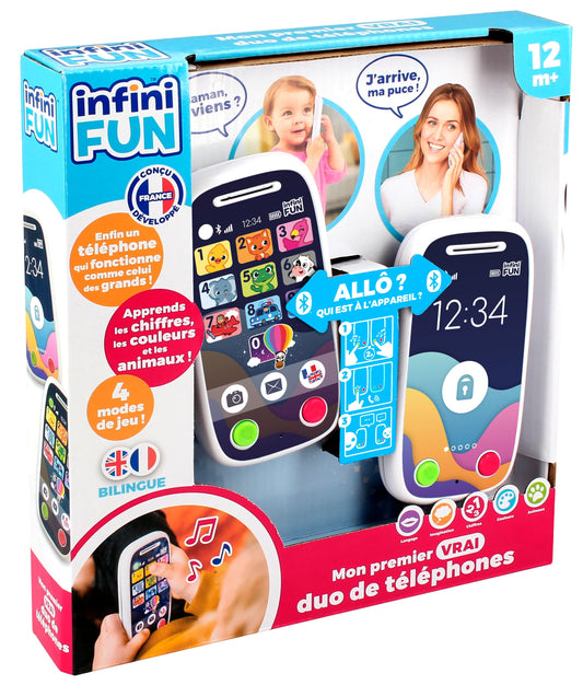 Infini Fun - Primul meu adevărat duo de telefoane – primul telefon care permite apeluri prin Bluetooth. Jucărie de imitație, multilingvă, franceză/engleză, pentru copii de la 12 luni.
