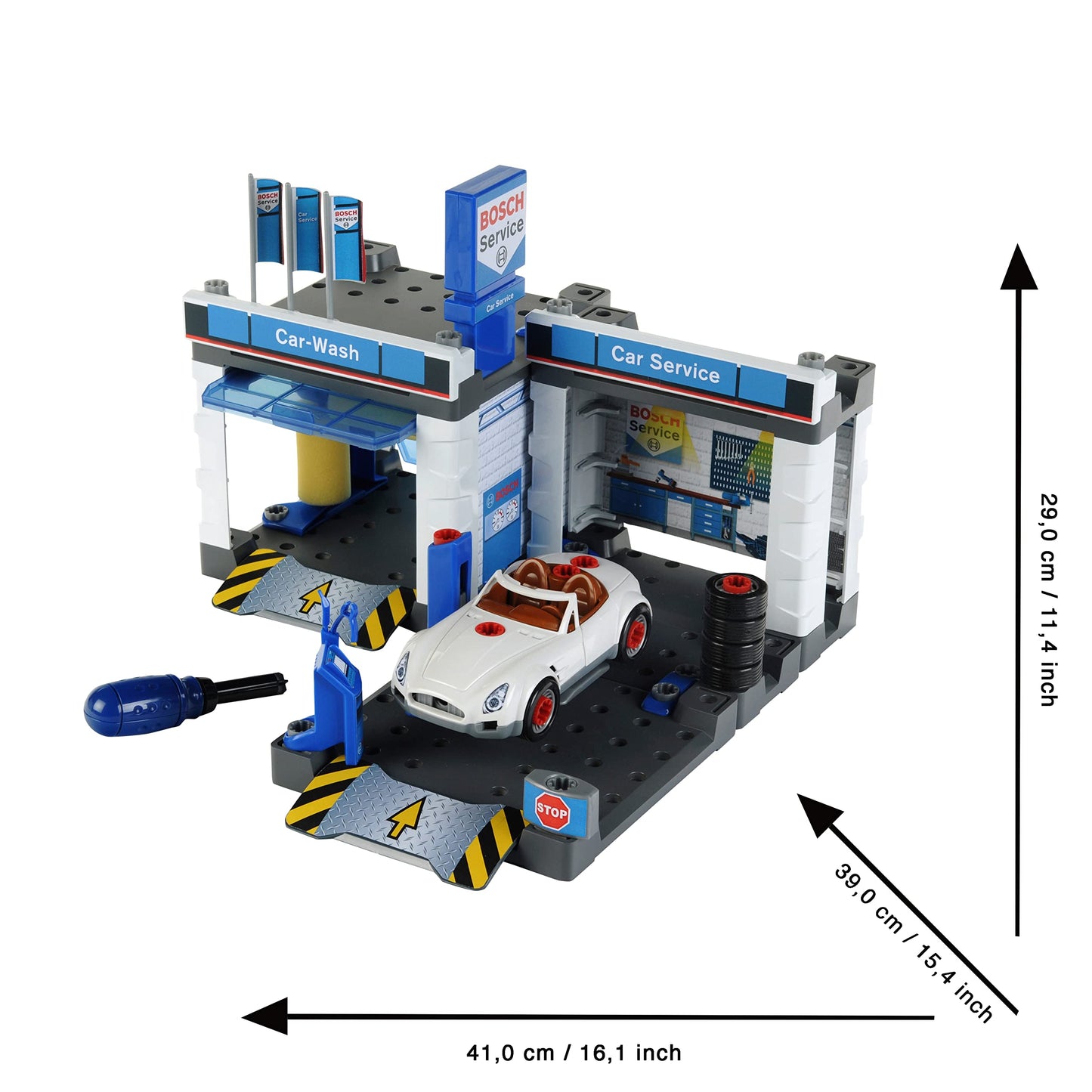 Stație de Service Bosch Theo Klein 8647 | Cu spălătorie și platformă ridicătoare ajustabilă | Include mașină demontabilă | Dimensiuni: 41 cm x 39 cm x 29 cm | Jucărie pentru copii de la 3 ani