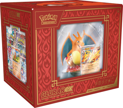 Colecția Super Premium Glurak-ex Pokémon: 3 cărți promoționale holografice, 1 figură de expunere și 10 pachete booster.