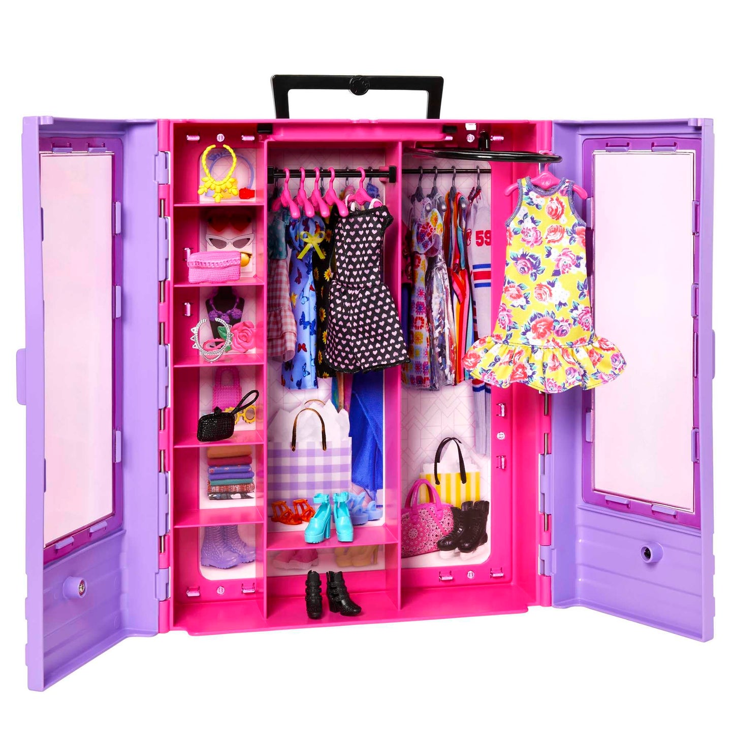 Dulapul Ultimate Barbie, cu peste 15 rochii și accesorii, set pliabil, inclusiv 1 păpușă, cadou pentru copii, jucărie pentru vârsta de 3 ani și peste, HJL66.
