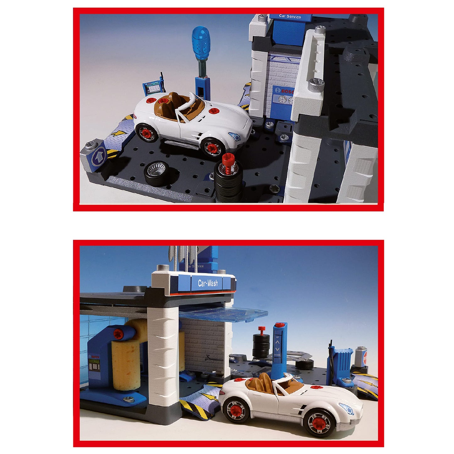 Stație de Service Bosch Theo Klein 8647 | Cu spălătorie și platformă ridicătoare ajustabilă | Include mașină demontabilă | Dimensiuni: 41 cm x 39 cm x 29 cm | Jucărie pentru copii de la 3 ani