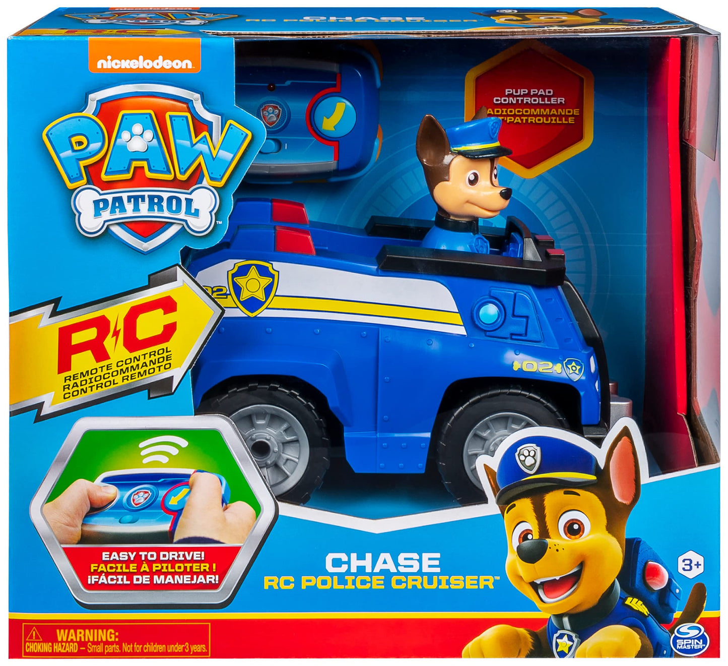 Mașină de poliție radiocomandată PAW Patrol Chase, jucărie pentru copii de la 3 ani, funcționează cu baterii.