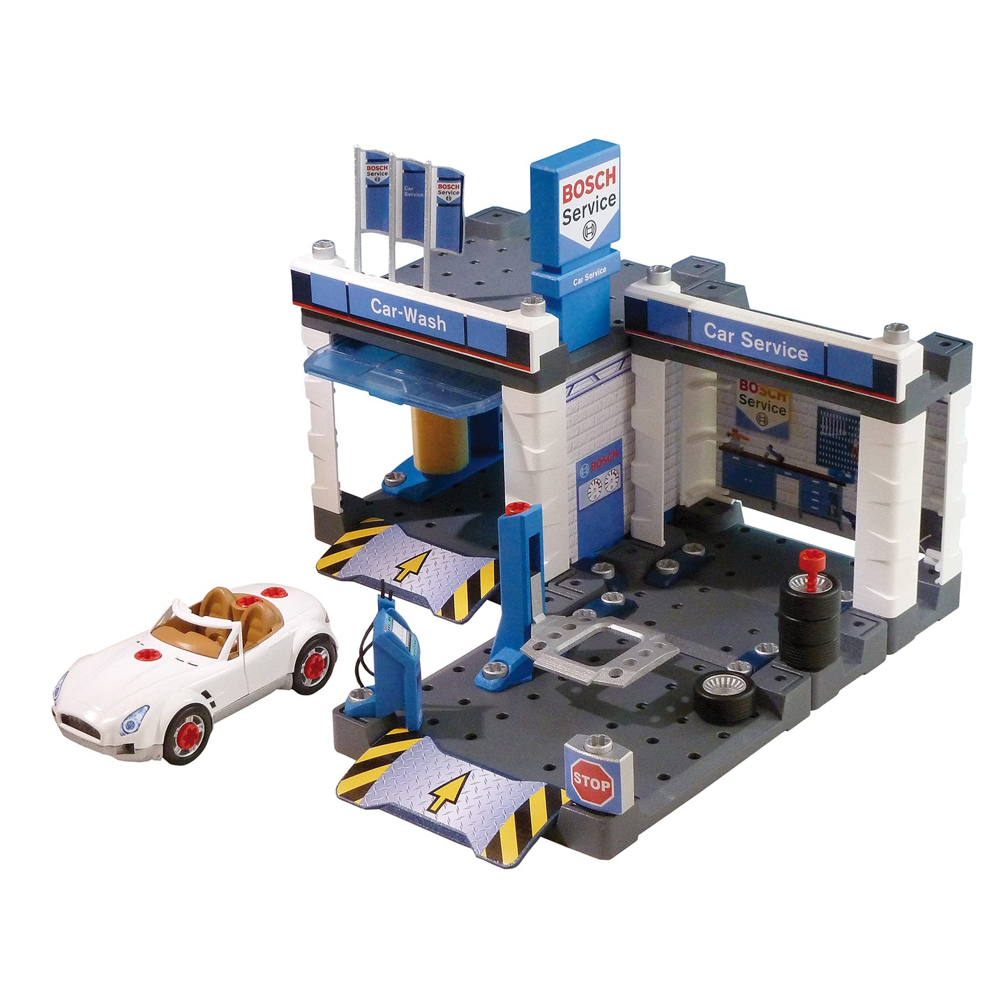 Stație de Service Bosch Theo Klein 8647 | Cu spălătorie și platformă ridicătoare ajustabilă | Include mașină demontabilă | Dimensiuni: 41 cm x 39 cm x 29 cm | Jucărie pentru copii de la 3 ani