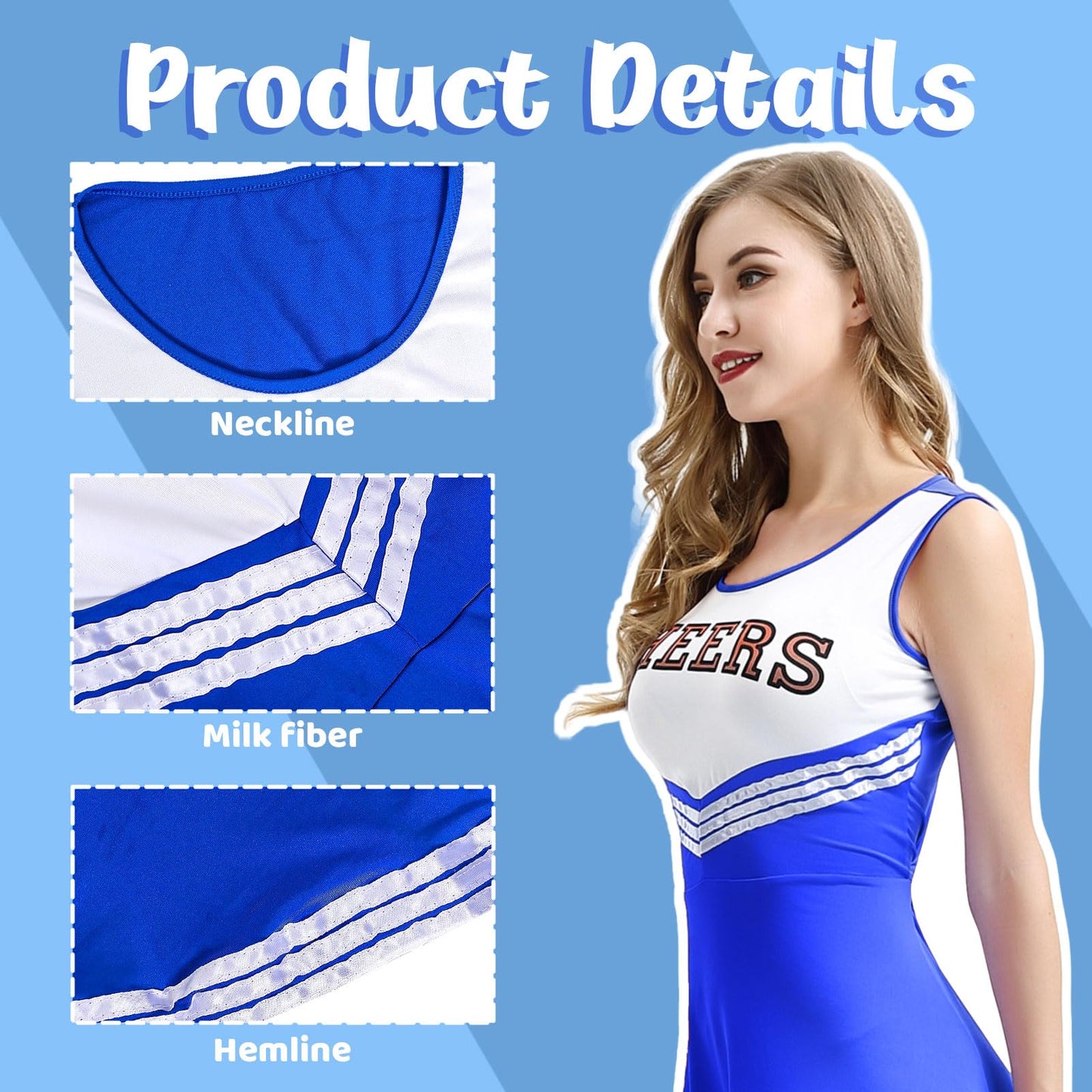 Costum de Cheerleader pentru Femei, Costum de Cheerleader cu Pomponi, Uniformă de Cheerleader, Costum de Halloween pentru Adulți pentru Cosplay pentru Fete (Albastru, XL)