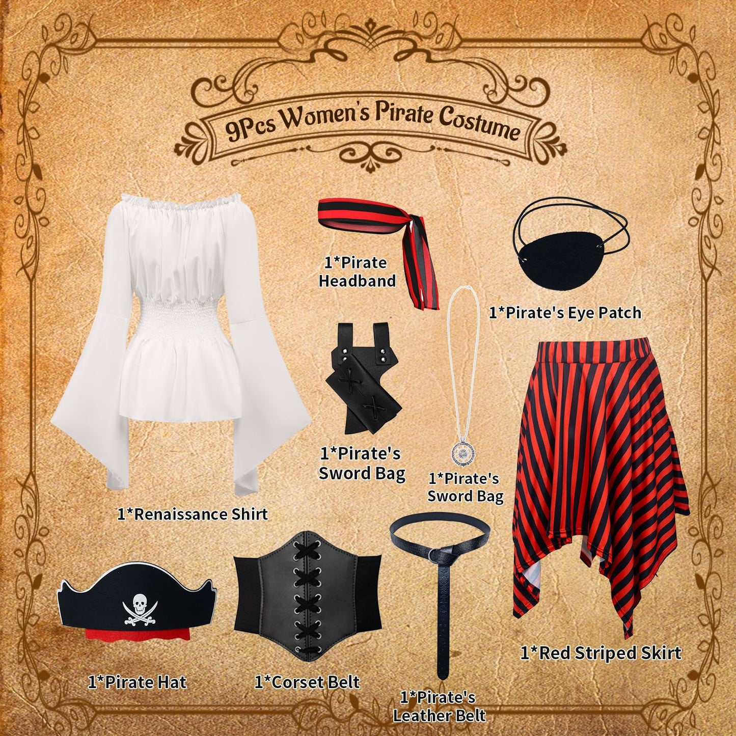 OPAEHJF Costum de Pirat, set 9 piese, Halloween