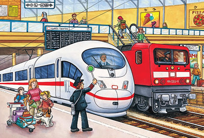 Schmidt Spiele 56508 Vehicule, 4 Puzzle pentru copii în cutie metalică, 2x26 și 2x48 piese
