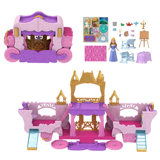 Set de joacă Mattel Disney Prințesă cu trăsură către castel, păpușă Aurora, 3 niveluri, 6 zone de joacă, 4 figurine, mobilier și accesorii HWX17