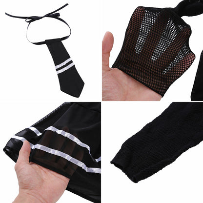 ROSVAY Rochie Lenjerie Cosplay Uniformă Școlăriță Sexy din Dantelă Transparentă, Costum Studentă, Rochie Mini Babydoll Elastică Neagră