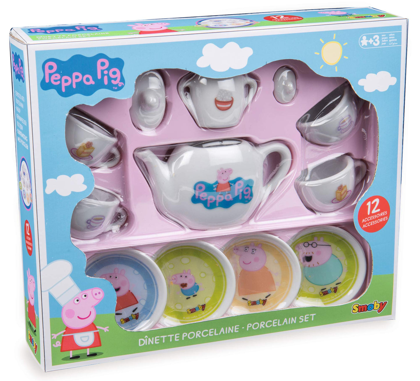 Set de veselă din porțelan Peppa Pig Smoby – 10 piese, cu cană, farfurie, cutie de zahăr, ceainic, pentru copii de la 3 ani