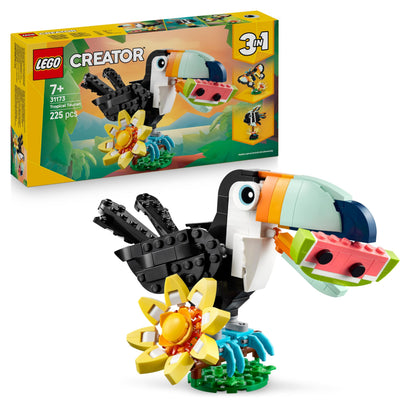 LEGO Creator Animale Sălbatice: Tucan Tropical - Jucărie 3-in-1 care se transformă în Figurina Fluture sau Pește - Jucărie Creativă - Cadou pentru Fete și Băieți de la 7 Ani 31173
