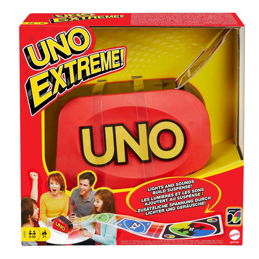 Mattel Games UNO Extreme - Boardgame pentru Familie cu Lansator de carti- cu Lumină și Sunet - 112 Cărți - De la 2 la 10 Jucători - Cadou pentru Copii de 7+ Ani și Adulți, GXY75