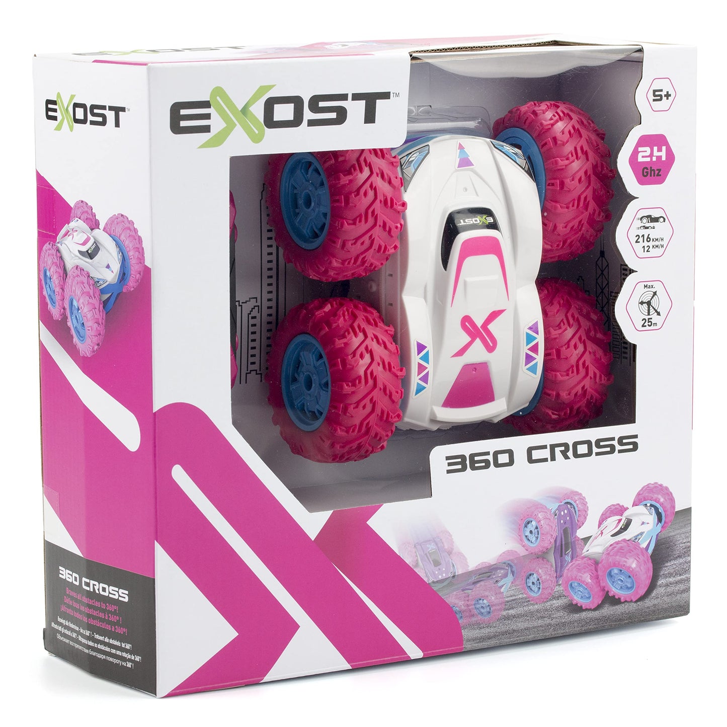Exost Silverlit Mașină de teren cu telecomandă 360 Cross Roz - pentru copii de la 5 ani - Allrad pe 2 laturi cu 360° - Ambalaj ecologic, ușor de deschis - 54727