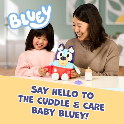 Bluey Baby răsfață și îngrijește, hrănește și liniștește bebelușul, jucărie electronică din pluș de 28 cm cu 10 sunete diferite de bebeluș, 2 accesorii și scutec detașabil