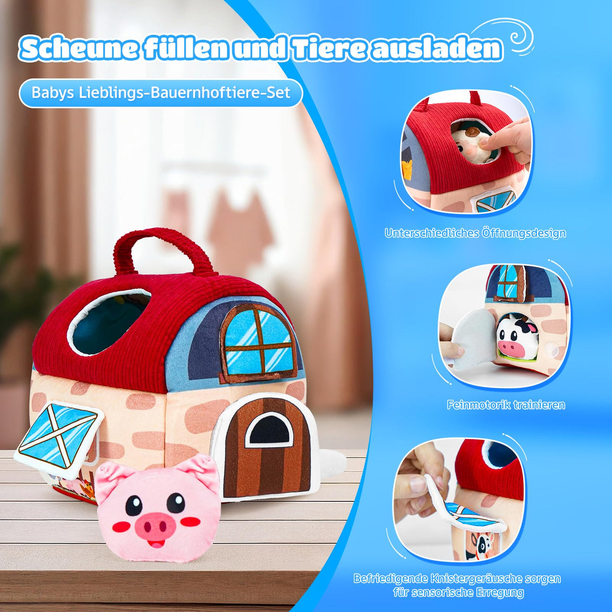 kidmance RX002 Set de joacă Montessori din bumbac cu fermă, zornăitoare și figurină animale 1-2 ani