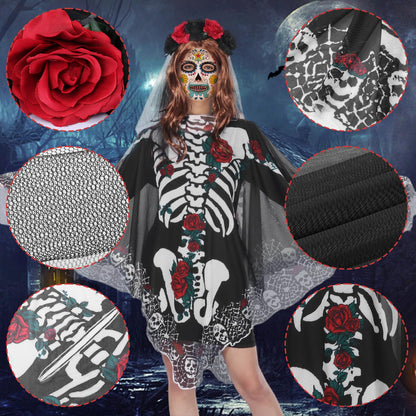 Poncho Skelett HarnyLoom pentru femei, Halloween, cu voal din dantelă, ziua morților, mantou roz și negru, accesorii goth, tatuaje pentru față, carnaval, cosplay.