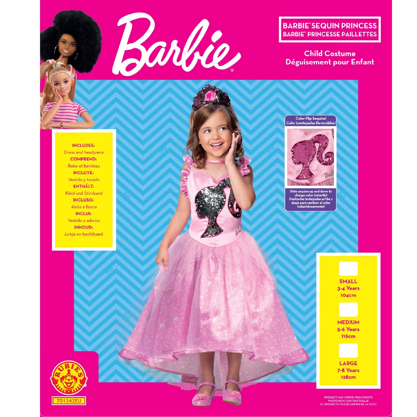 Costum Rubies Barbie  pentru fetițe, Rochie roz cu paiete și tiară, Oficial Mattel Barbie pentru  carnaval, zi de naștere și Halloween.