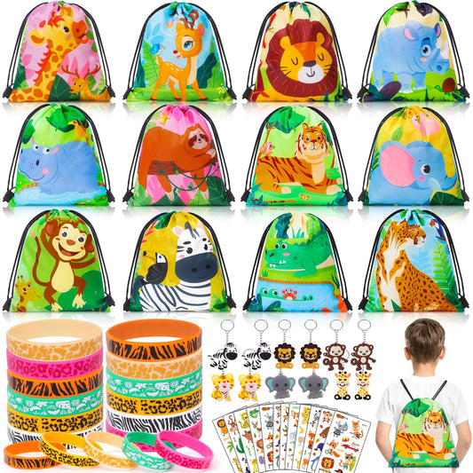 Latocos Set de accesorii pentru pungi de petrecere cu animale, brățări din silicon, măști, brelocuri, inele, tatuaje, tematică safari, pentru copii