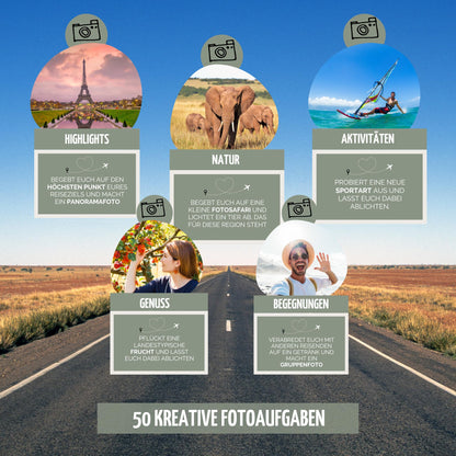 snaPmee Urlaubsfoto-Challenge Joc de societate cu 50+4 provocări foto pentru călătorii, camping, rulote - Idei foto grozave, cadou pentru vacanță, cupluri, familie