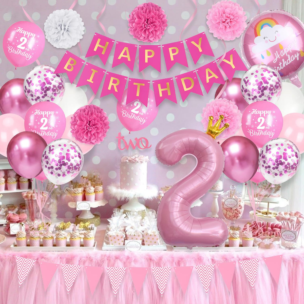 TOYTOPIE Set decoratiuni petrecere aniversare 2 ani cu balon folie roz numărul 2, panglică La mulți ani și pompoane de hârtie pentru fete