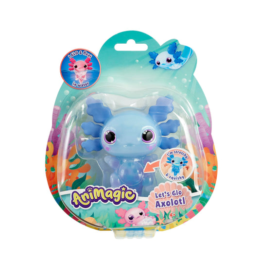 Animagic Axolotl Strălucitor – Albastru, Animal de Companie Electronic și Luminat pentru Copii de la 4 Ani, Joc Sensorial și Experiență Tactilă, Corp Extensibil, Jucărie Moale care Înoată și Strălucește în Apă