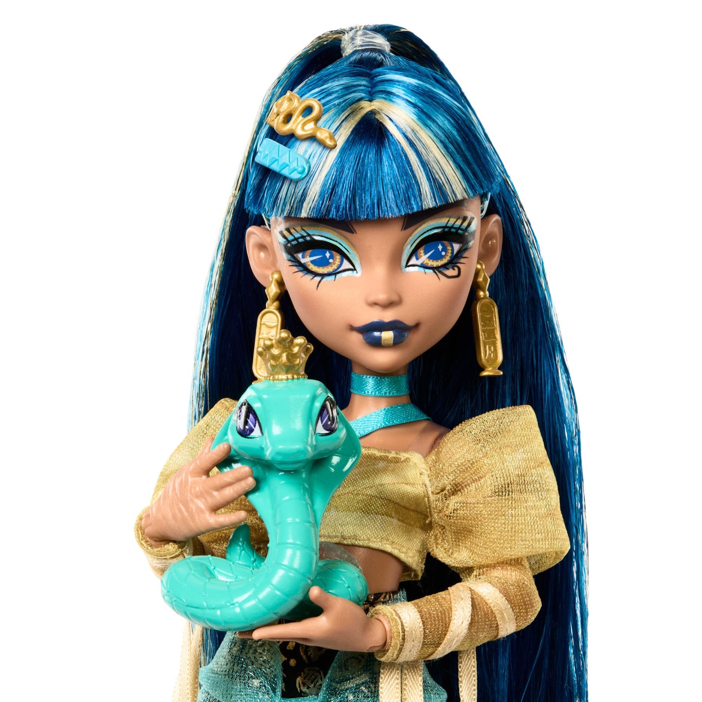 Monster High Cleo De Nile Păpușă în bluză aurie și fustă multilayer, include animal de companie Kobra Hissette și accesorii precum rucsac, gustare și rolă de hârtie, HXH74