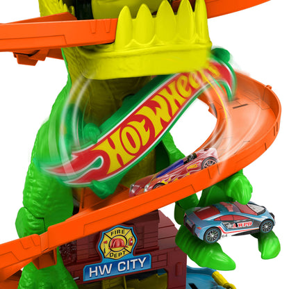 Hot Wheels Set pistă T-Rex, mașină pompieri 1:64, 45 cm