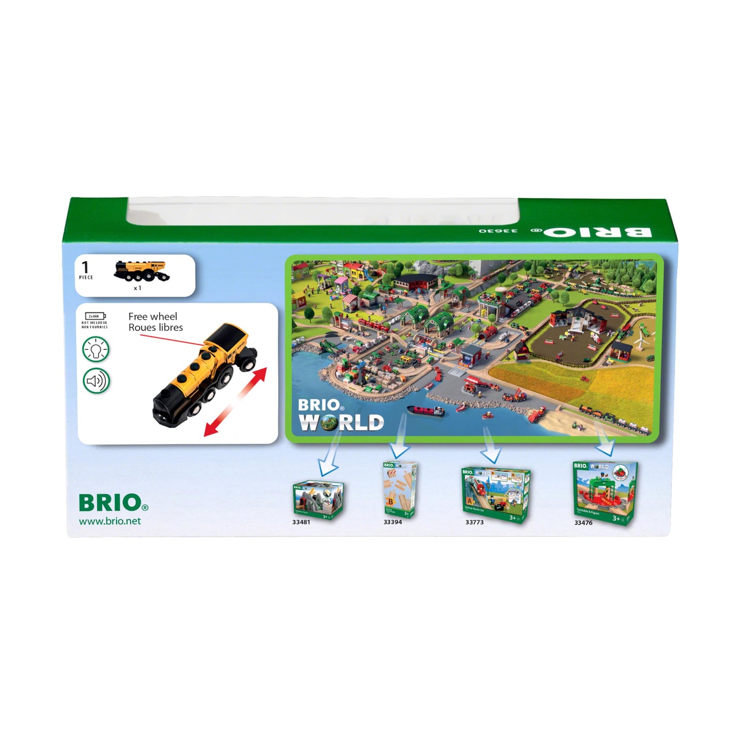 BRIO World 33630 Locomotivă cu baterii aurie cu lumină și sunet cu funcție de decuplare pentru utilizare ca locomotivă de împins recomandată de la 3 ani