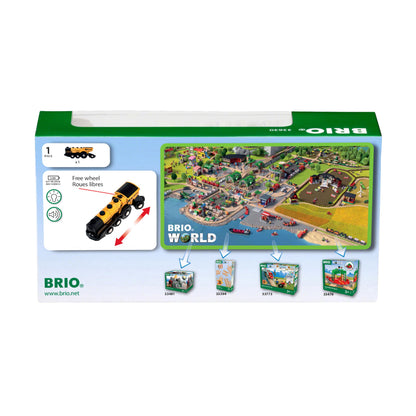 BRIO World 33630 Locomotivă cu baterii aurie cu lumină și sunet cu funcție de decuplare pentru utilizare ca locomotivă de împins recomandată de la 3 ani