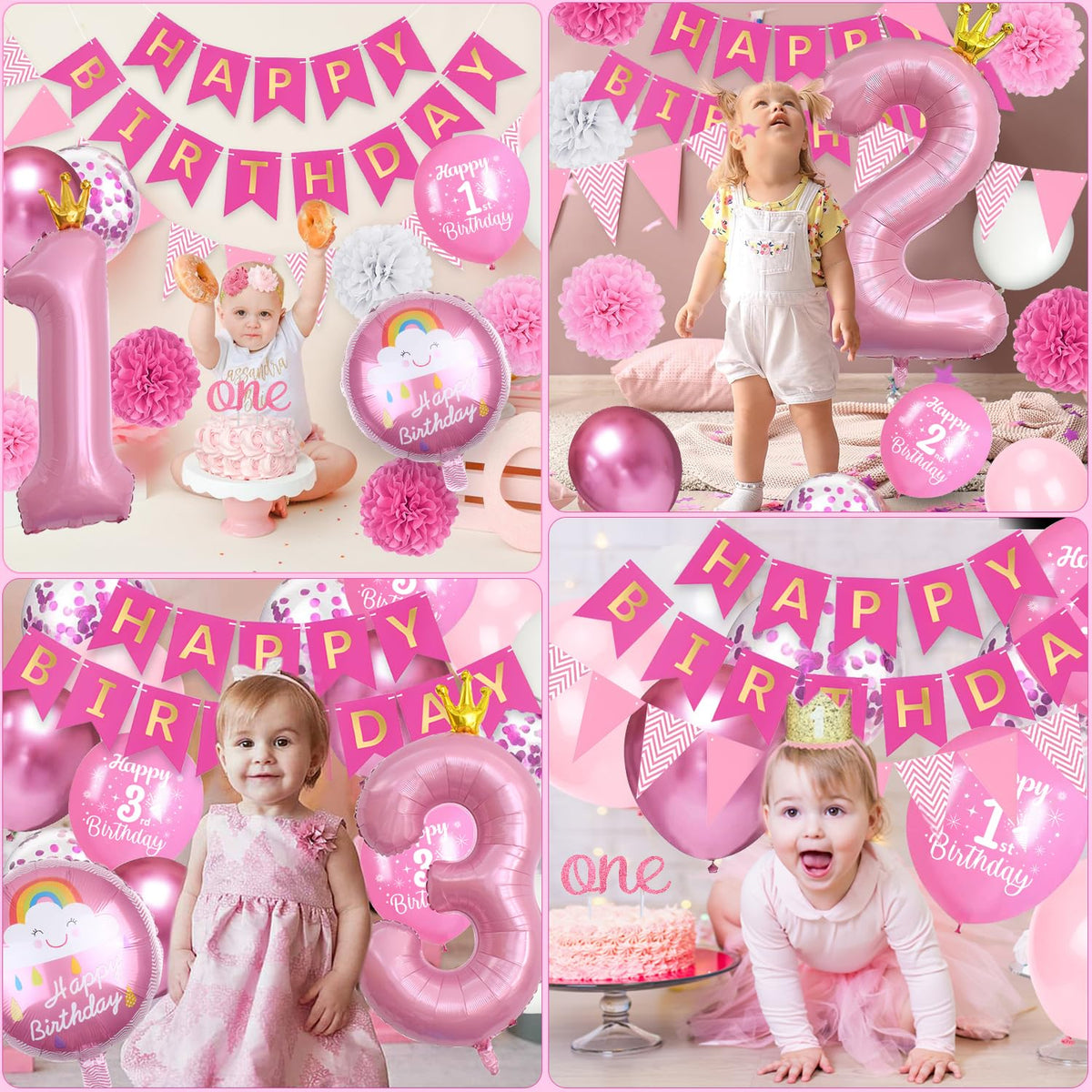 TOYTOPIE Set decoratiuni petrecere aniversare 2 ani cu balon folie roz numărul 2, panglică La mulți ani și pompoane de hârtie pentru fete