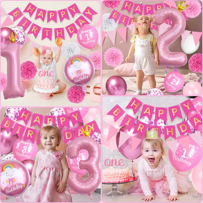 TOYTOPIE Set decoratiuni petrecere aniversare 2 ani cu balon folie roz numărul 2, panglică La mulți ani și pompoane de hârtie pentru fete