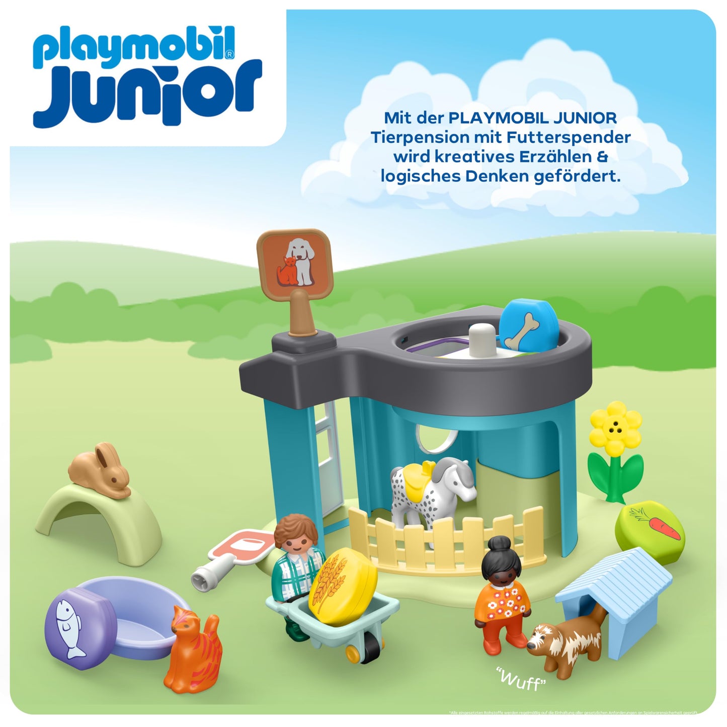 PLAYMOBIL JUNIOR | Adăpost pentru animale cu distribuitor de hrană | jucărie ecologică din plastice biobazate | pentru copii de la 1 an | 71690