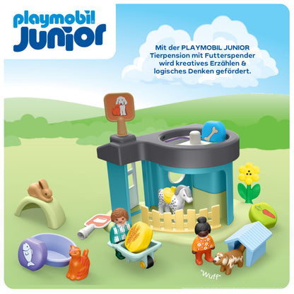 PLAYMOBIL JUNIOR | Adăpost pentru animale cu distribuitor de hrană | jucărie ecologică din plastice biobazate | pentru copii de la 1 an | 71690