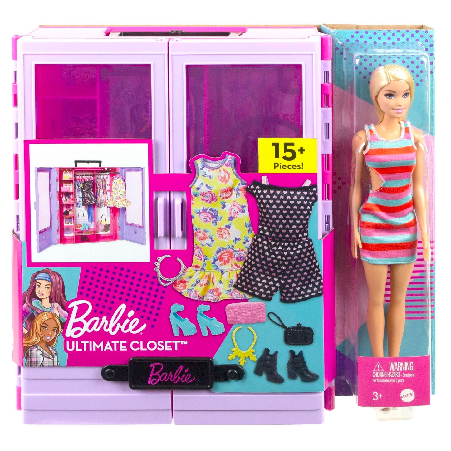 Dulapul Ultimate Barbie, cu peste 15 rochii și accesorii, set pliabil, inclusiv 1 păpușă, cadou pentru copii, jucărie pentru vârsta de 3 ani și peste, HJL66.