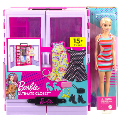 Dulapul Ultimate Barbie, cu peste 15 rochii și accesorii, set pliabil, inclusiv 1 păpușă, cadou pentru copii, jucărie pentru vârsta de 3 ani și peste, HJL66.