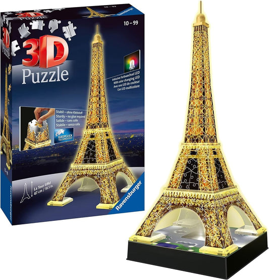 Puzzle 3D Ravensburger 12579 - Turnul Eiffel Night Edition - Model 3D iluminat cu LED, de construit - Recomandat de la 10 ani