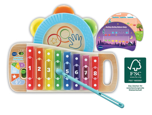 VTech Baby xilofon interactiv din lemn cu tamburin – jucărie muzicală strălucitoare din 100% lemn FSC® – pentru copii de 1,5–4 ani