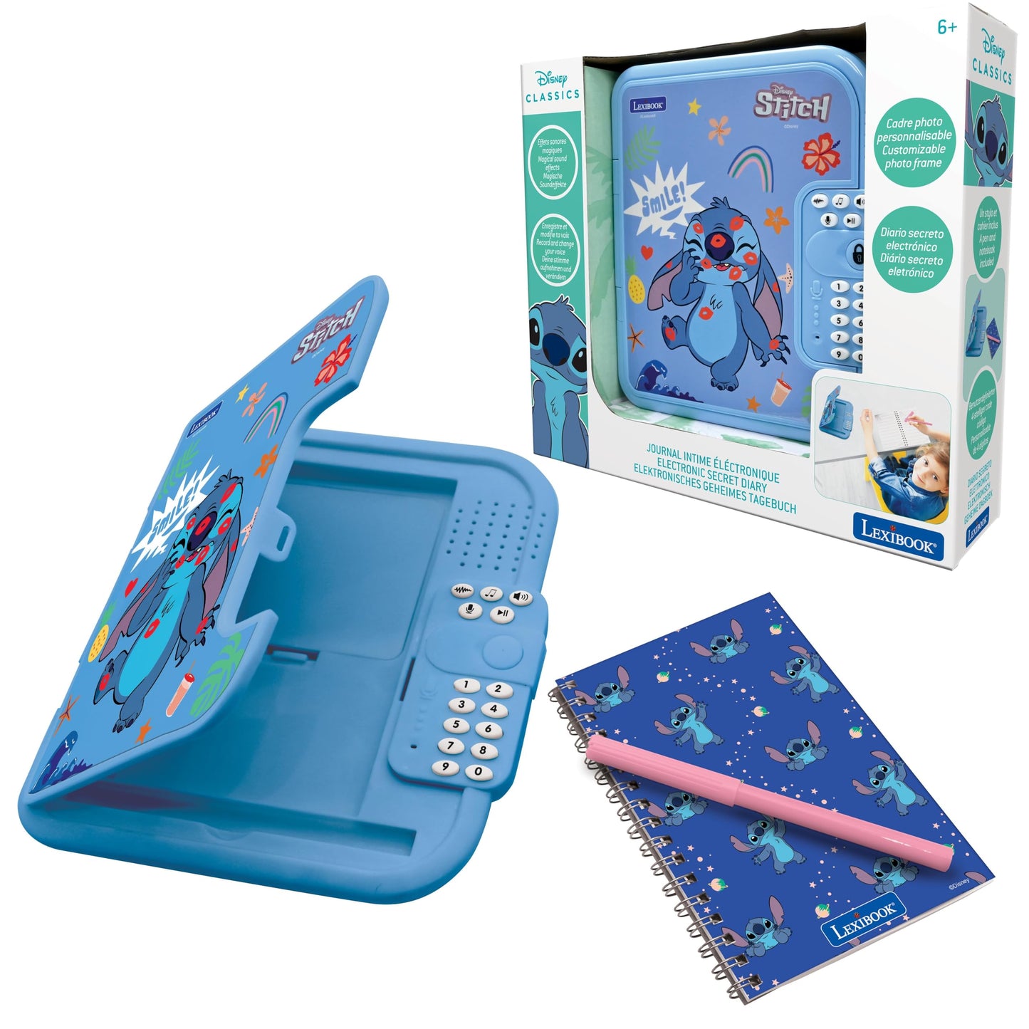 Jurnal electronic Lexibook Disney Stitch cu stilou și caiet, interactiv, protejat prin parolă, funcții distractive, efecte sonore, albastru, SD50D