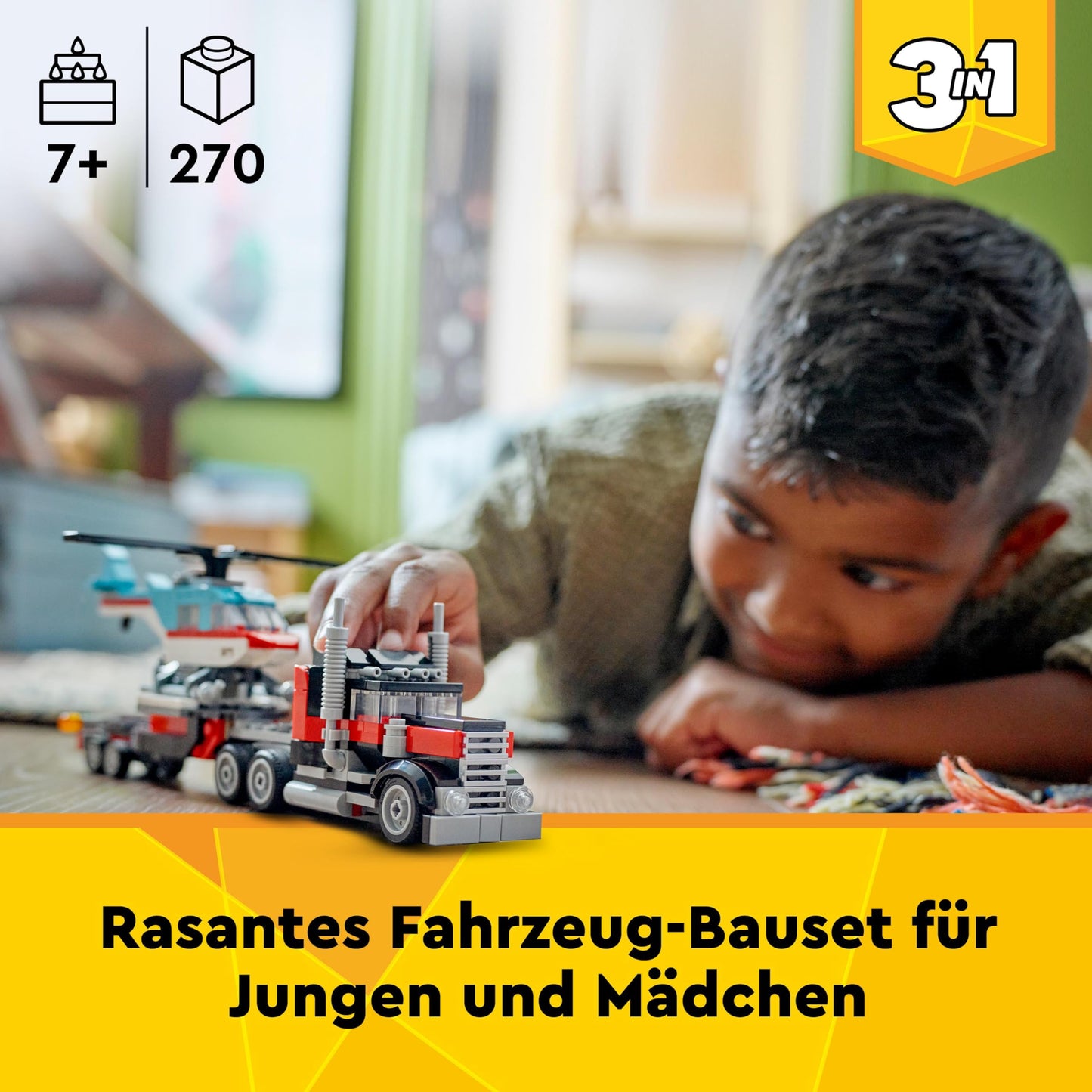 LEGO Creator 3in1: Set de vehicule cu camion, elicopter, avion și cisternă - Cadou pentru băieți și fete de 7 ani 31146