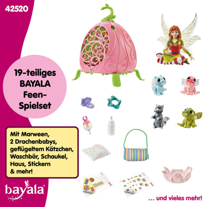 Schleich BAYALA Set de joacă Grădinița animalelor Marween cu elfă, 2 pui de dragon, pisicuță cu aripi și raton, floare pliabilă transportabilă, 19 piese, de la 5 ani