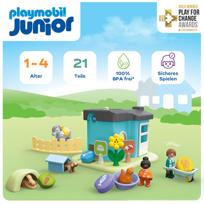 PLAYMOBIL JUNIOR | Adăpost pentru animale cu distribuitor de hrană | jucărie ecologică din plastice biobazate | pentru copii de la 1 an | 71690