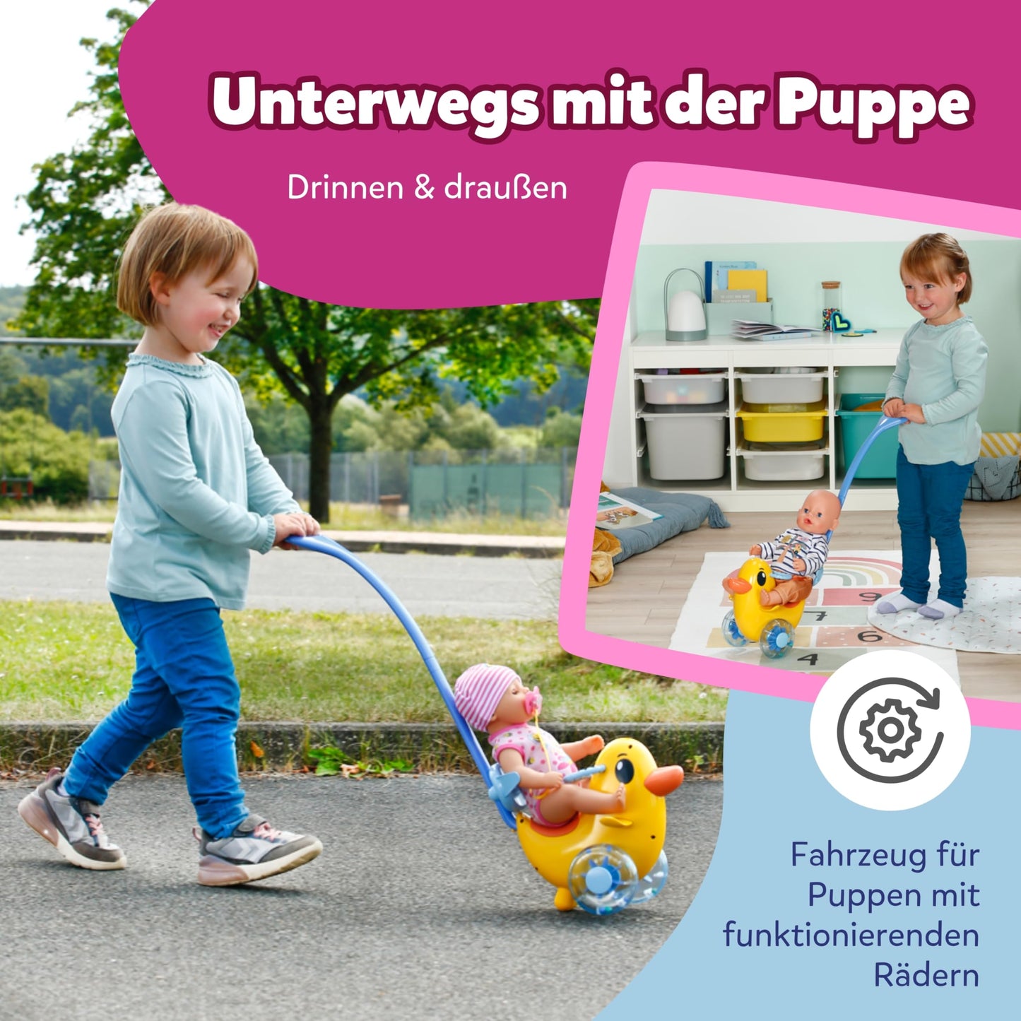 BABY Born 838938 Cărucior pentru păpuși cu mâner reglabil și roți funcționale pentru păpuși de 36 cm și 43 cm