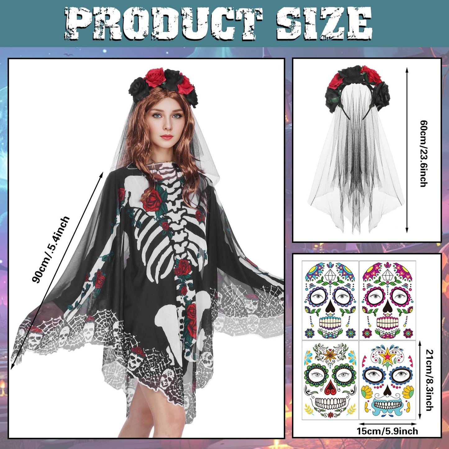 Poncho Skelett HarnyLoom pentru femei, Halloween, cu voal din dantelă, ziua morților, mantou roz și negru, accesorii goth, tatuaje pentru față, carnaval, cosplay.