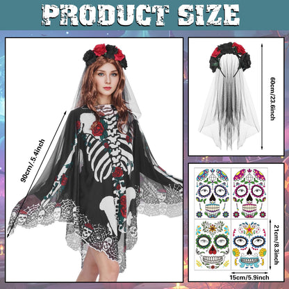 Poncho Skelett HarnyLoom pentru femei, Halloween, cu voal din dantelă, ziua morților, mantou roz și negru, accesorii goth, tatuaje pentru față, carnaval, cosplay.