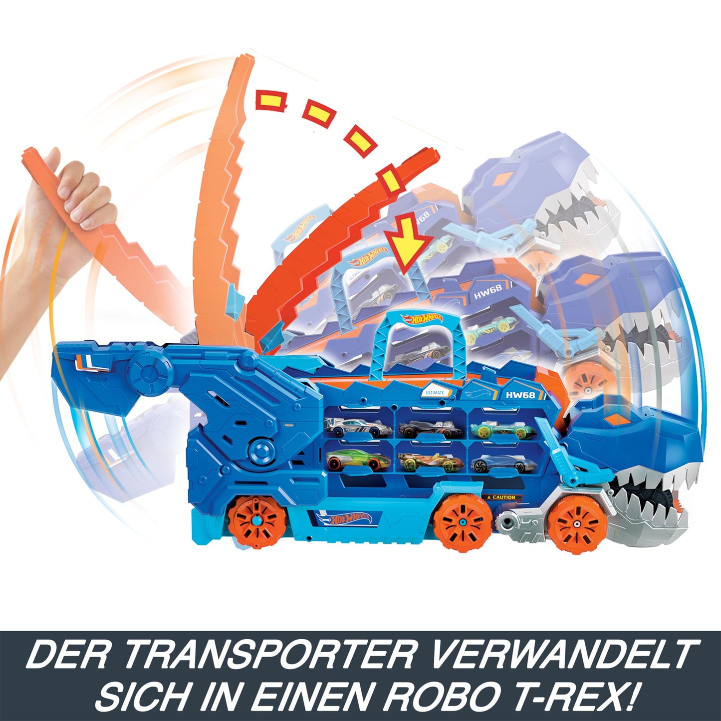 Hot Wheels City T-Rex Transporter cu pistă, 4+ ani