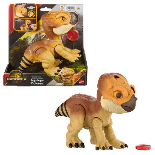 Mattel Jurassic World Primal Protector Aquilops Dolores Figurină interactivă de dinozaur cu mișcări de atac și sunete de răget, accesoriu alimentar, de la 4 ani