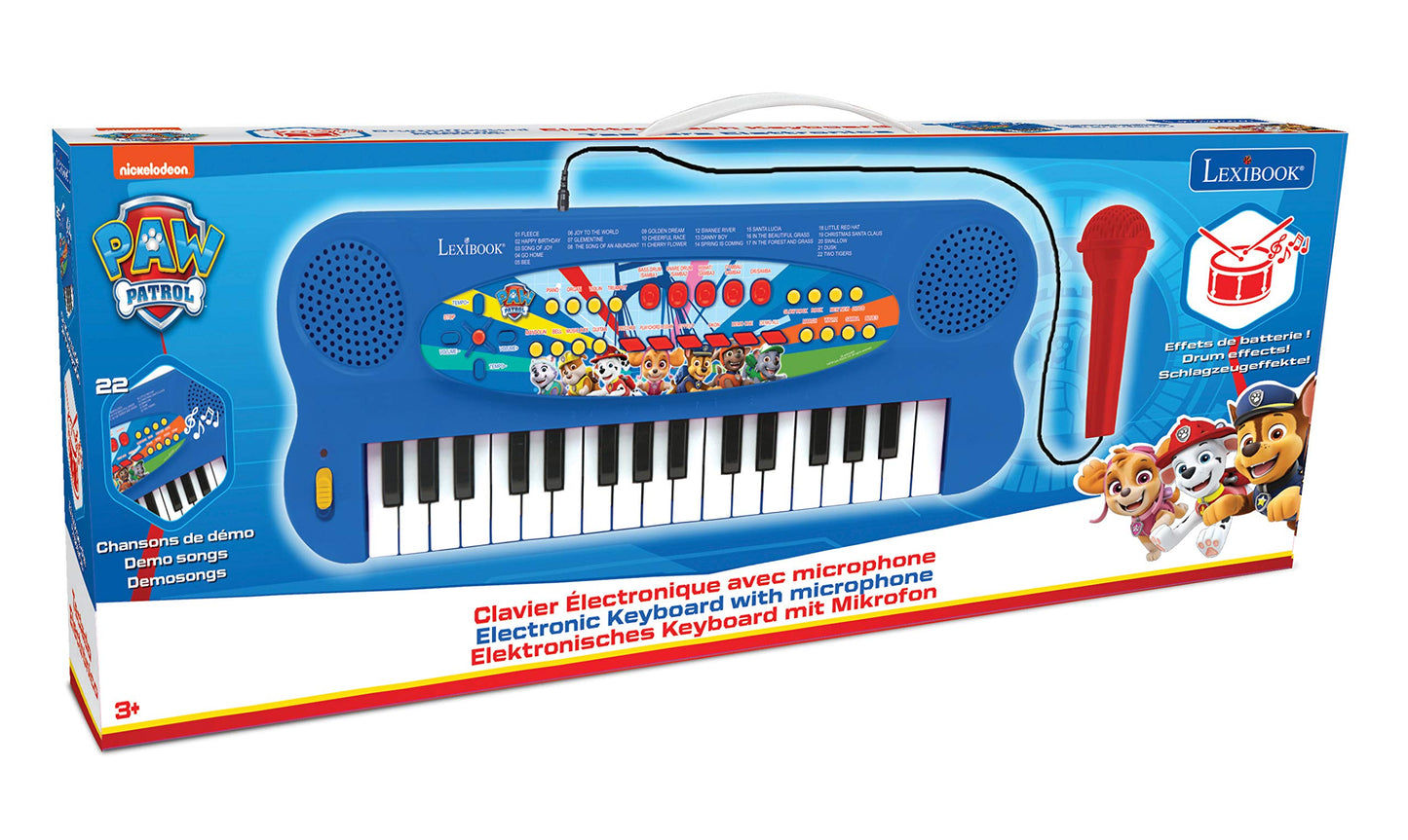 Jucarie Pian Muzical cu Microfon Lexibook Paw Patrol Paw Patrol, 32 taste, microfon pentru cântat, 22 melodii demo, funcționează pe baterii, culoare albastru/roșu/negru.