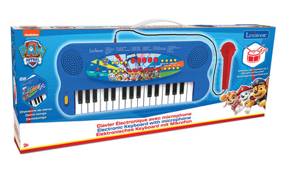 Jucarie Pian Muzical cu Microfon Lexibook Paw Patrol Paw Patrol, 32 taste, microfon pentru cântat, 22 melodii demo, funcționează pe baterii, culoare albastru/roșu/negru.